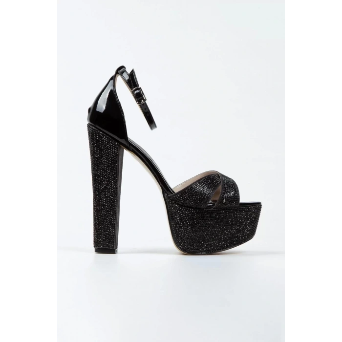 Kadın Moda Şık Ayna Janjan Taşlı Çapraz Klasik Topuklu Platformlu Düğün Nişan Gece Abiye Ayakkabı