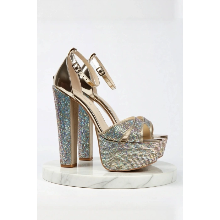 Kadın Moda Şık Ayna Janjan Taşlı Çapraz Klasik Topuklu Platformlu Düğün Nişan Gece Abiye Ayakkabı