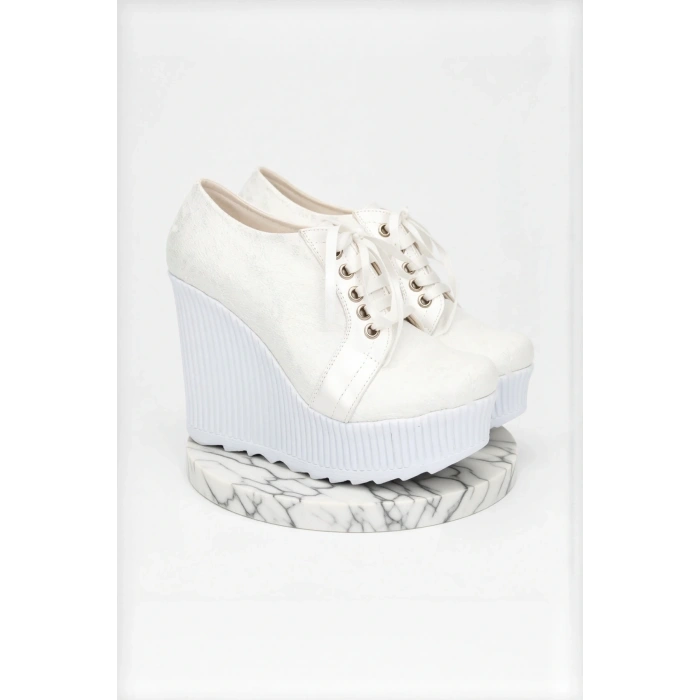 Kadın Moda Şık Beyaz Çınar Dolgu Topuklu Ayakkabı Topuklu Düğün Nişan Gece Abiye Ayakkabısı