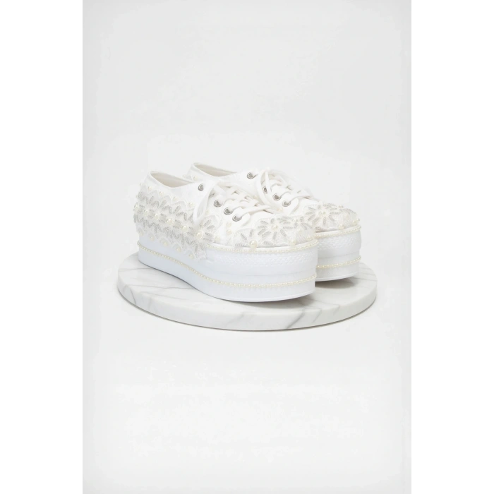 Kadın Moda Şık Beyaz Çınar Taşlı Dolgu Topuklu Ayakkabı Topuklu Düğün Nişan Gece Abiye Ayakkabı