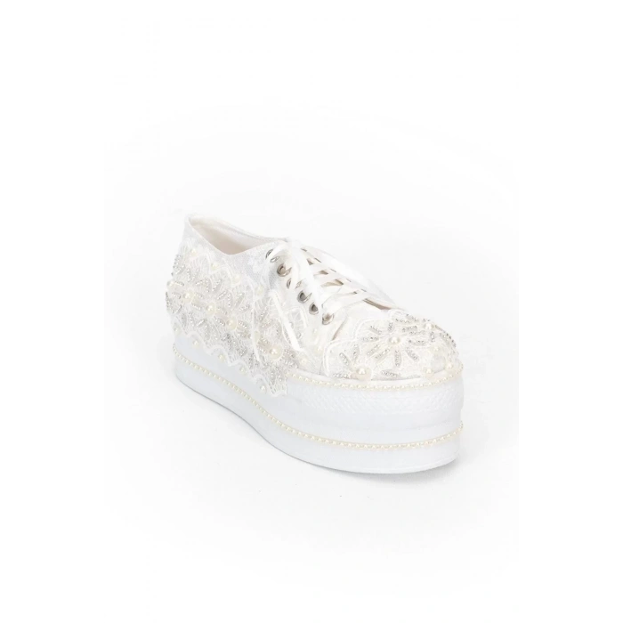 Kadın Moda Şık Beyaz Çınar Taşlı Dolgu Topuklu Ayakkabı Topuklu Düğün Nişan Gece Abiye Ayakkabı