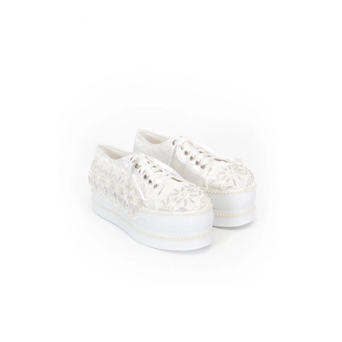 Kadın Moda Şık Beyaz Çınar Taşlı Dolgu Topuklu Ayakkabı Topuklu Düğün Nişan Gece Abiye Ayakkabı