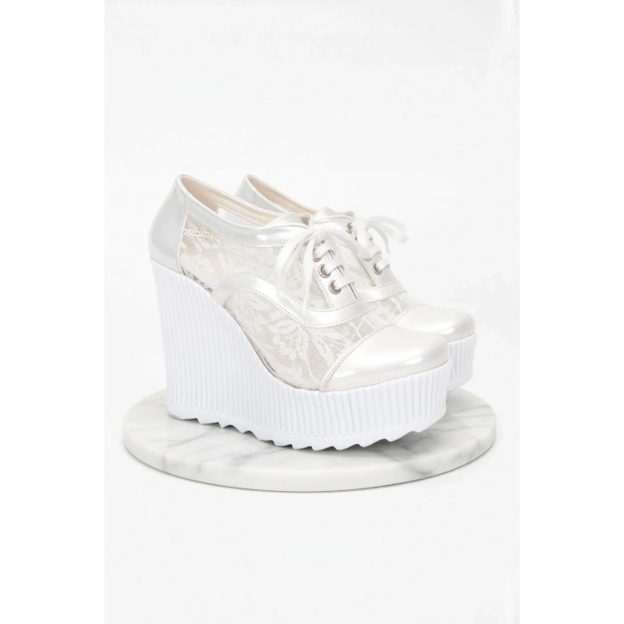 Kadın Moda Şık Beyaz Tül Çınar Dolgu Topuklu Ayakkabı Topuklu Düğün Nişan Gece Abiye Ayakkabı