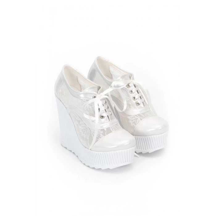 Kadın Moda Şık Beyaz Tül Çınar Dolgu Topuklu Ayakkabı Topuklu Düğün Nişan Gece Abiye Ayakkabı