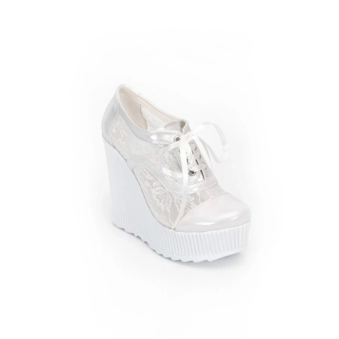 Kadın Moda Şık Beyaz Tül Çınar Dolgu Topuklu Ayakkabı Topuklu Düğün Nişan Gece Abiye Ayakkabısı