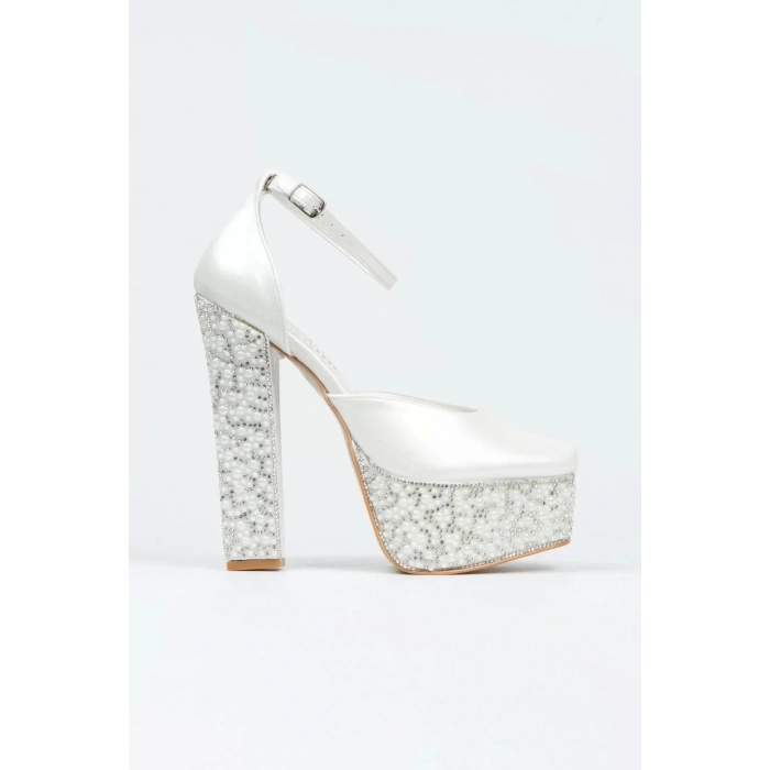 Kadın Moda Şık Cilt Ökçe Poli Inci Taşlı Klasik Köşe Kalıplı Kalın Düğün Nişan Gece Abiye Ayakkabı