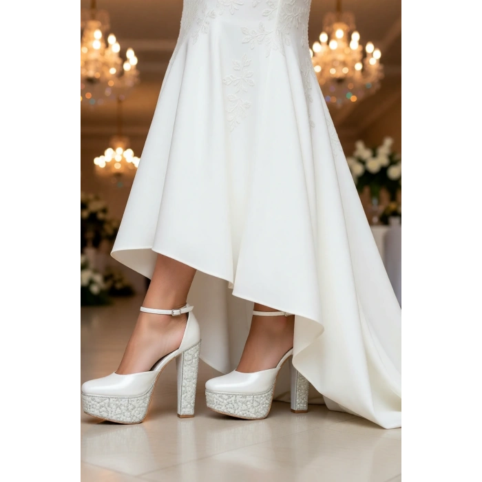 Kadın Moda Şık Cilt Ökçe Poli Inci Taşlı Klasik Köşe Kalıplı Kalın Düğün Nişan Gece Abiye Ayakkabı