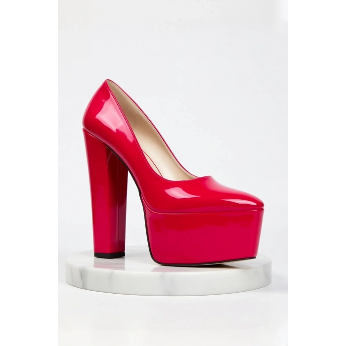 Kadın Moda Şık Fuşya Rugan Klasik Sivri Kalın Topuklu Platformlu Düğün Nişan Gece Abiye Ayakkabı