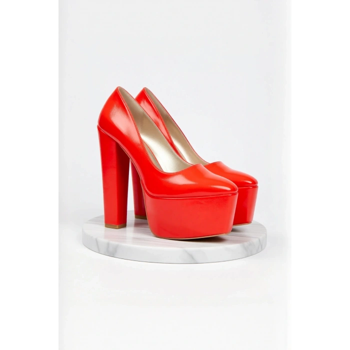 Kadın Moda Şık Fuşya Rugan Klasik Sivri Kalın Topuklu Platformlu Düğün Nişan Gece Abiye Ayakkabı