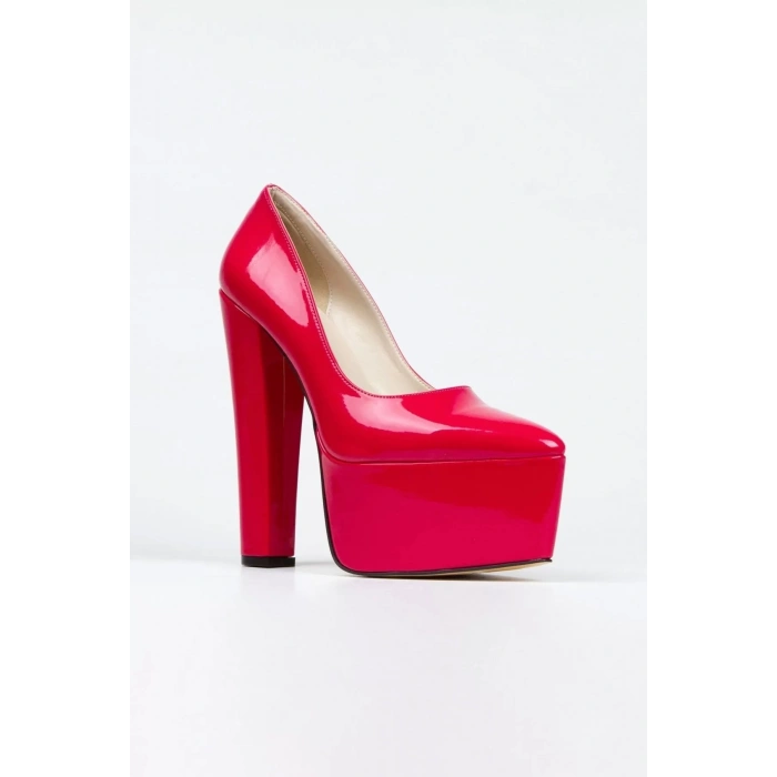 Kadın Moda Şık Fuşya Rugan Klasik Sivri Kalın Topuklu Platformlu Düğün Nişan Gece Abiye Ayakkabı