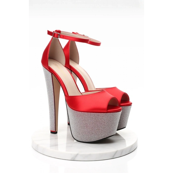 Kadın Moda Şık Fuşya Saten Ökçe Poli Taş Yüksek Topuk Topuklu Düğün Nişan Gece Abiye Ayakkabı