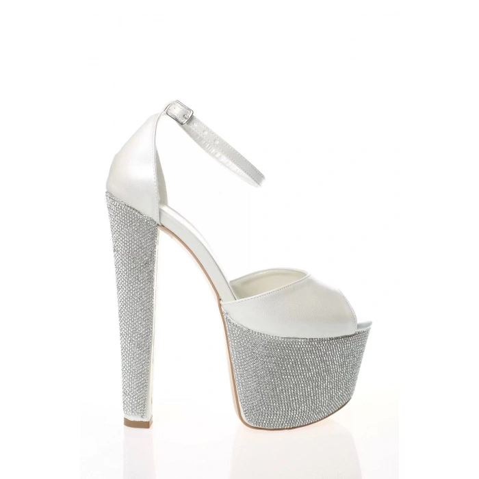 Kadın Moda Şık Fuşya Saten Ökçe Poli Taş Yüksek Topuk Topuklu Düğün Nişan Gece Abiye Ayakkabı