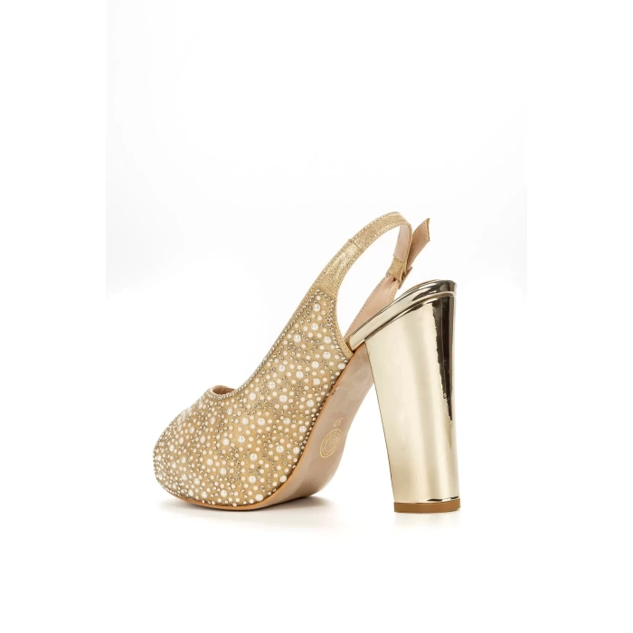 Kadın Moda Şık Gold Ayna Full Inci Taş Düğün Nişan Gece Abiye Ayakkabı