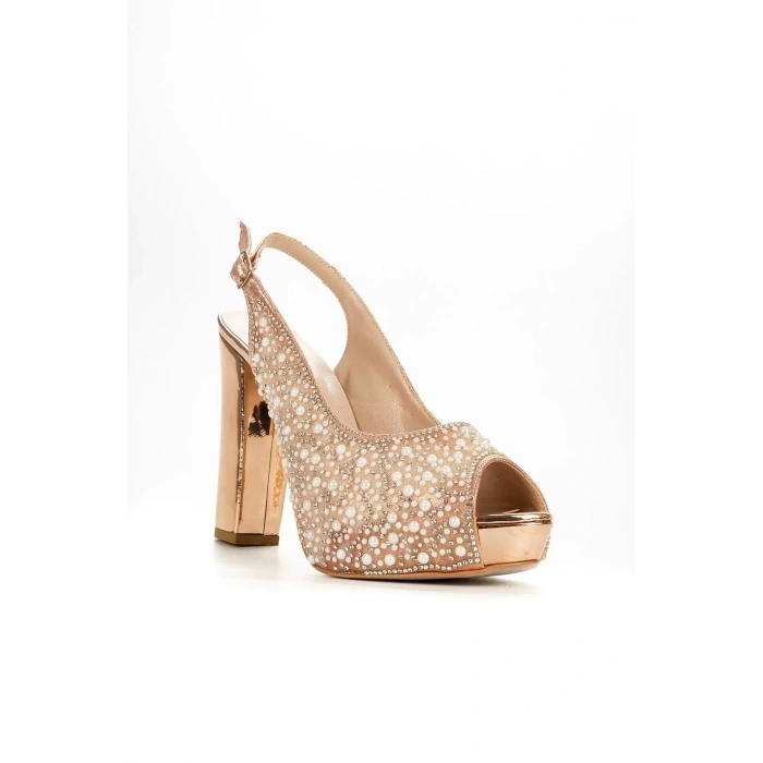 Kadın Moda Şık Gold Ayna Full Inci Taş Düğün Nişan Gece Abiye Ayakkabı