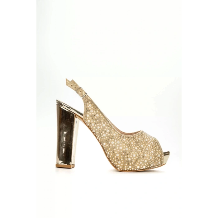 Kadın Moda Şık Gold Ayna Full Inci Taş Düğün Nişan Gece Abiye Ayakkabı