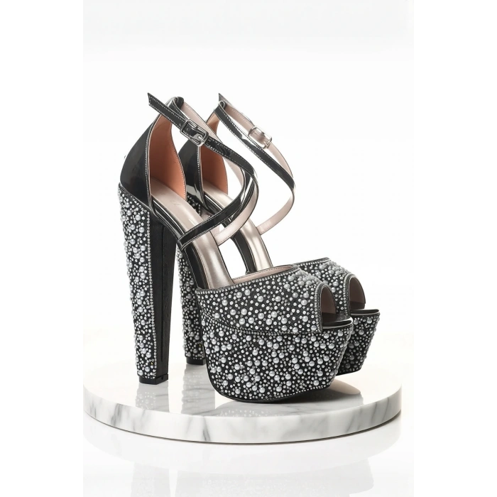 Kadın Moda Şık Gold Ayna Full Inci Taş Topuklu Düğün Nişan Gece Abiye Ayakkabı