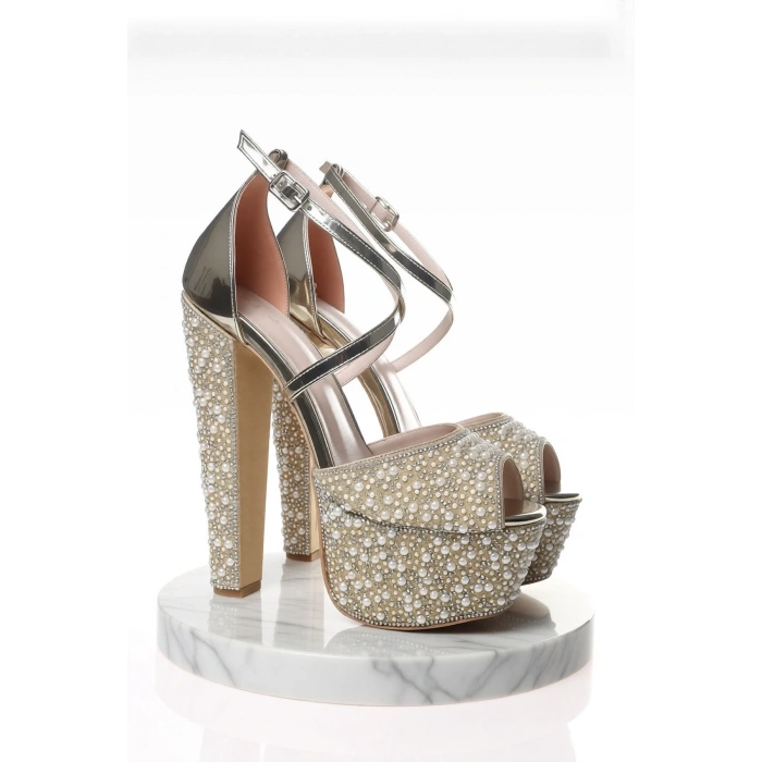 Kadın Moda Şık Gold Ayna Full Inci Taş Topuklu Düğün Nişan Gece Abiye Ayakkabı