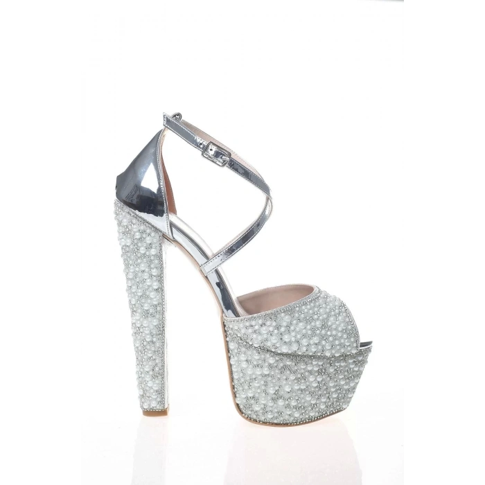 Kadın Moda Şık Gold Ayna Full Inci Taş Topuklu Düğün Nişan Gece Abiye Ayakkabı