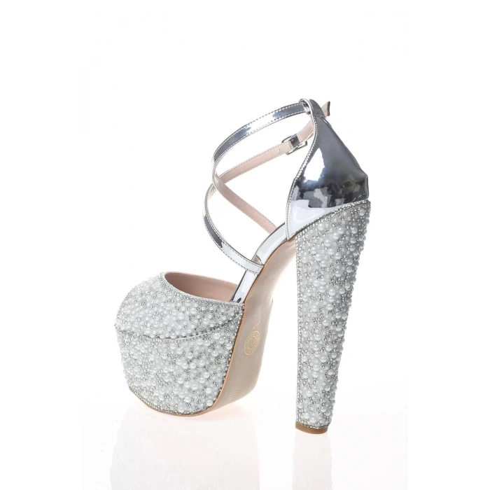 Kadın Moda Şık Gold Ayna Full Inci Taş Topuklu Düğün Nişan Gece Abiye Ayakkabı