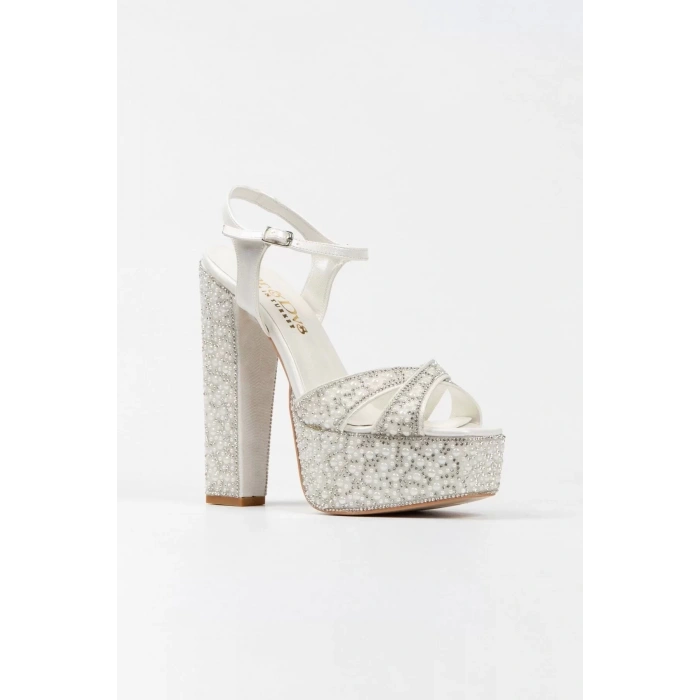 Kadın Moda Şık Gold Ayna Full Inci Taşlı Klasik Köşe Kalıplı Kalın Düğün Nişan Gece Abiye Ayakkabı