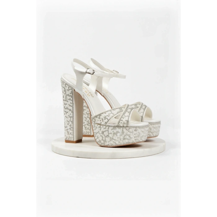 Kadın Moda Şık Gold Ayna Full Inci Taşlı Klasik Köşe Kalıplı Kalın Düğün Nişan Gece Abiye Ayakkabı