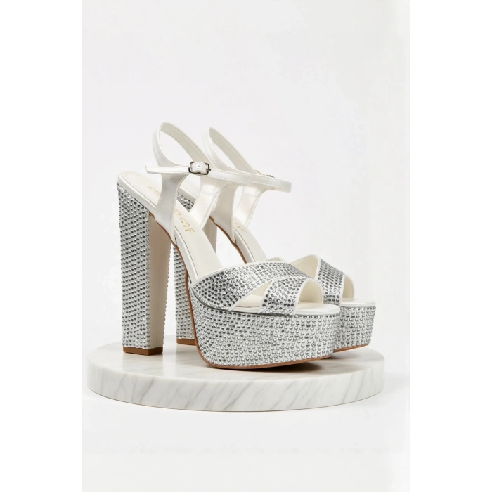 Kadın Moda Şık Gold Ayna Full Taşlı Klasik Köşe Kalıplı Kalın Düğün Nişan Gece Abiye Ayakkabı