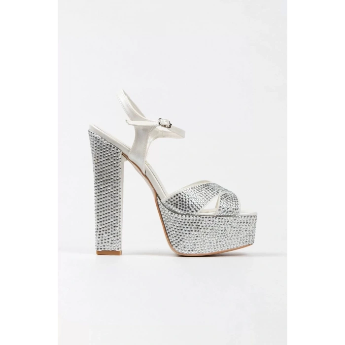 Kadın Moda Şık Gold Ayna Full Taşlı Klasik Köşe Kalıplı Kalın Düğün Nişan Gece Abiye Ayakkabısı