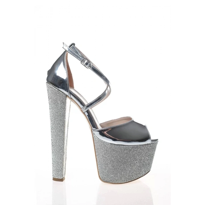 Kadın Moda Şık Gold Ayna Ökçe Poli Taş Yüksek Topuk Topuklu Düğün Nişan Gece Abiye Ayakkabı