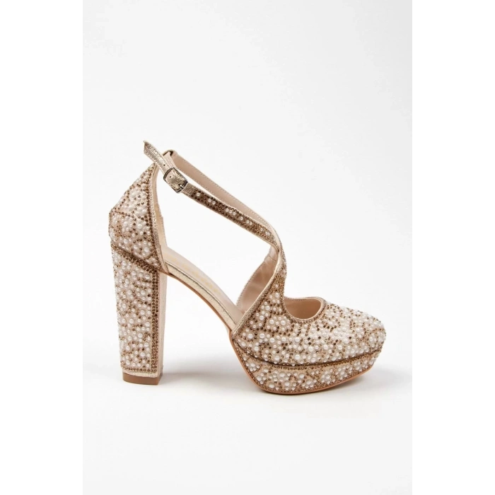 Kadın Moda Şık Gold Full Inci Taş Yüksek Topuk Düğün Nişan Gece Abiye Ayakkabı