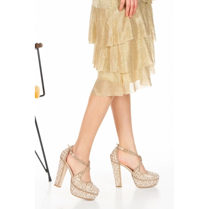 Kadın Moda Şık Gold Full Inci Zarif Tasarım Düğün Nişan Gece Abiye Ayakkabı