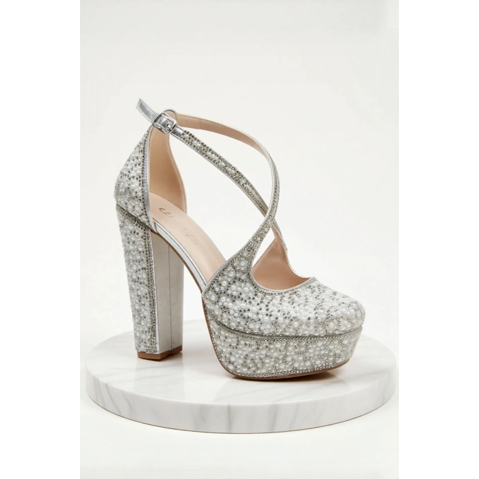 Kadın Moda Şık Gold Full Inci Zarif Tasarım Düğün Nişan Gece Abiye Ayakkabı