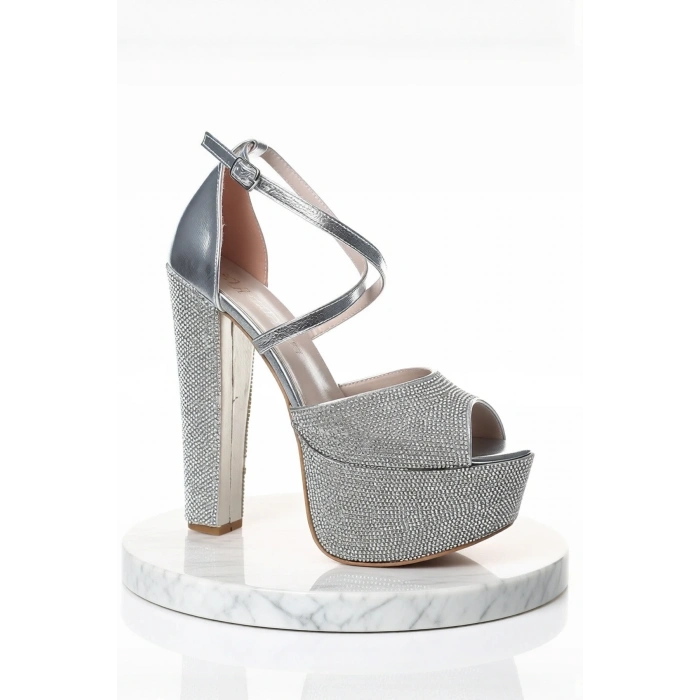 Kadın Moda Şık Gold Kristal Full Taş Topuklu Düğün Nişan Gece Abiye Ayakkabı