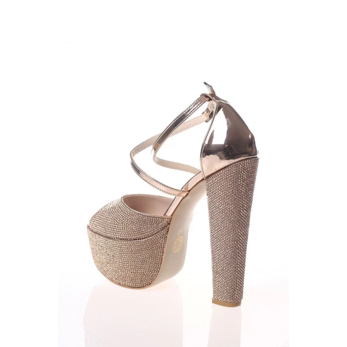 Kadın Moda Şık Gold Kristal Full Taş Topuklu Düğün Nişan Gece Abiye Ayakkabı