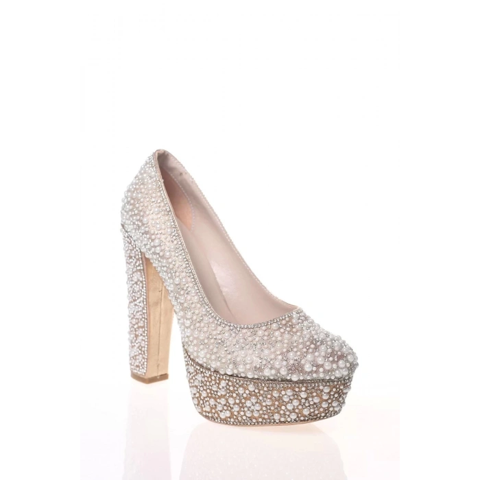 Kadın Moda Şık Gold Sultan Full Inci Taş Topuklu Zarif Tasarım Düğün Nişan Gece Abiye Ayakkabı