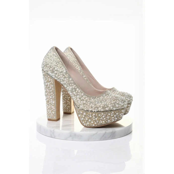 Kadın Moda Şık Gold Sultan Full Inci Taş Topuklu Zarif Tasarım Düğün Nişan Gece Abiye Ayakkabı