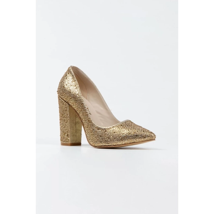 Kadın Moda Şık Gold Sultan Taşlı Klasik Sivri Kalın Düğün Nişan Gece Abiye Ayakkabı