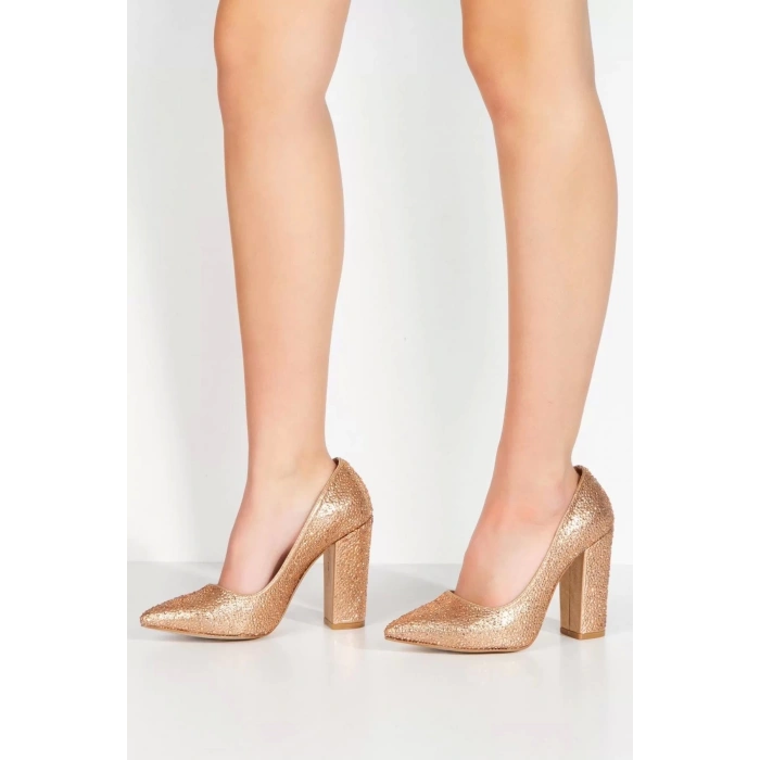 Kadın Moda Şık Gold Sultan Taşlı Klasik Sivri Kalın Düğün Nişan Gece Abiye Ayakkabı