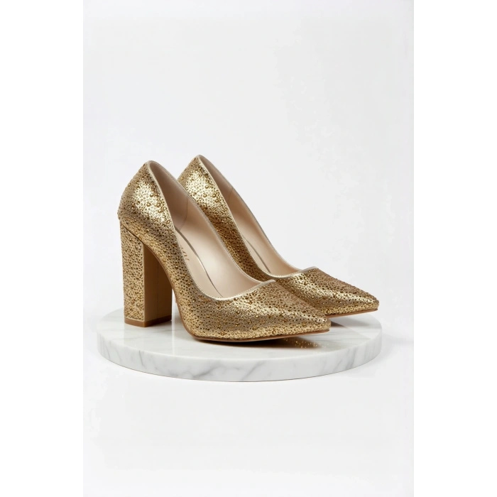 Kadın Moda Şık Gold Sultan Taşlı Klasik Sivri Kalın Düğün Nişan Gece Abiye Ayakkabısı