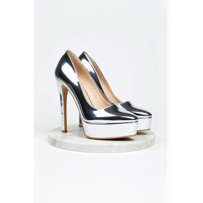 Kadın Moda Şık Gümüş Ayna Klasik Sivri Ince Topuklu Platformlu Düğün Nişan Gece Abiye Ayakkabı