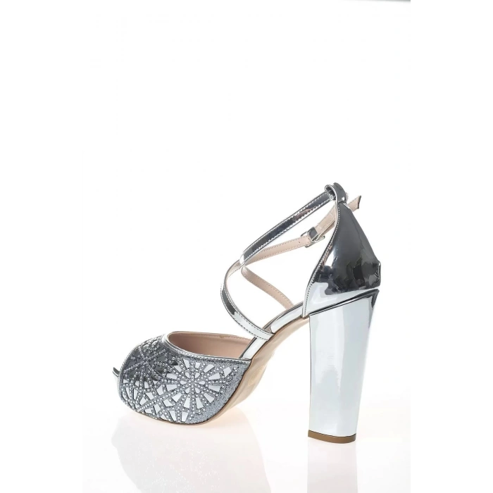Kadın Moda Şık Gümüş Ayna Kristal Yüz Lazer Topuklu Düğün Nişan Gece Abiye Ayakkabı