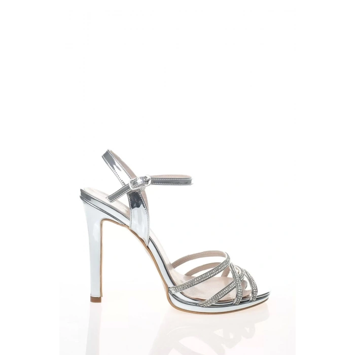Kadın Moda Şık Gümüş Ayna Sonsuz Taşlı Topuklu Zarif Tasarım Düğün Nişan Gece Abiye Ayakkabısı