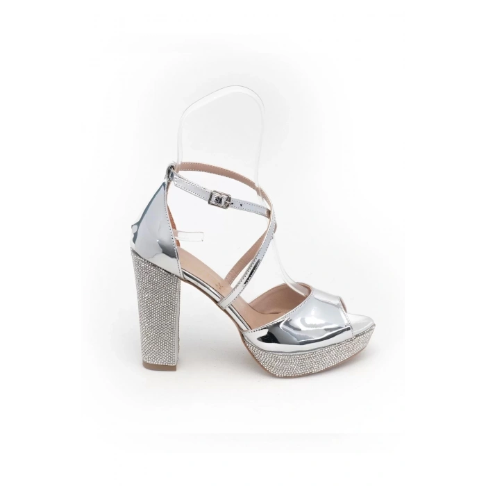 Kadın Moda Şık Gümüş Ayna Taşlı Topuklu Zarif Tasarım Düğün Nişan Gece Abiye Ayakkabı