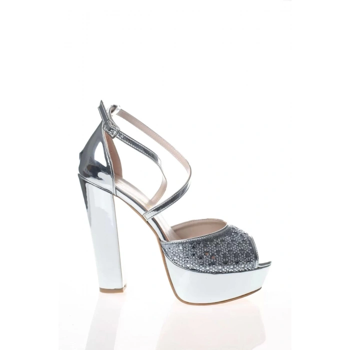 Kadın Moda Şık Gümüş Ayna Yüz Lazer Topuklu Zarif Tasarım Düğün Nişan Gece Abiye Ayakkabı