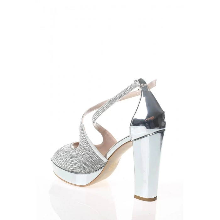 Kadın Moda Şık Gümüş Ayna Yüz Taş Topuklu Zarif Tasarım Düğün Nişan Gece Abiye Ayakkabı