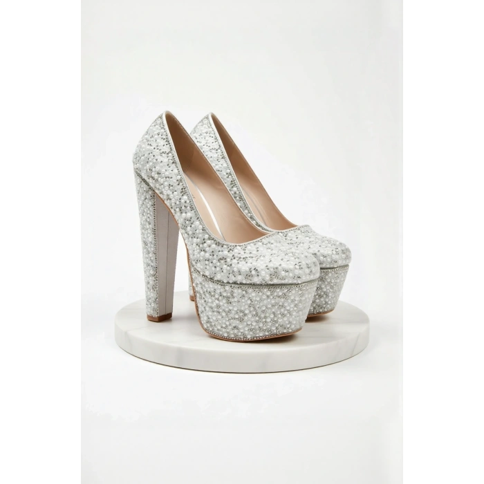 Kadın Moda Şık Gümüş Full Inci Zarif Tasarım Düğün Nişan Gece Abiye Ayakkabı