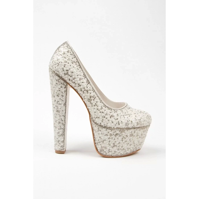 Kadın Moda Şık Gümüş Full Inci Zarif Tasarım Düğün Nişan Gece Abiye Ayakkabı