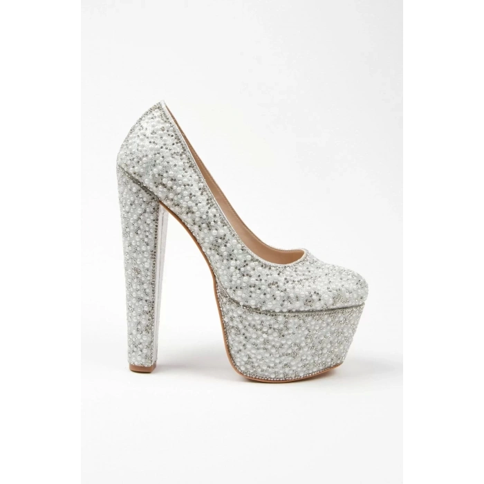 Kadın Moda Şık Gümüş Full Inci Zarif Tasarım Düğün Nişan Gece Abiye Ayakkabı