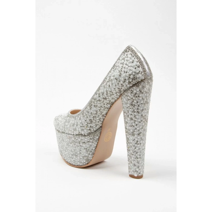 Kadın Moda Şık Gümüş Full Inci Zarif Tasarım Düğün Nişan Gece Abiye Ayakkabı