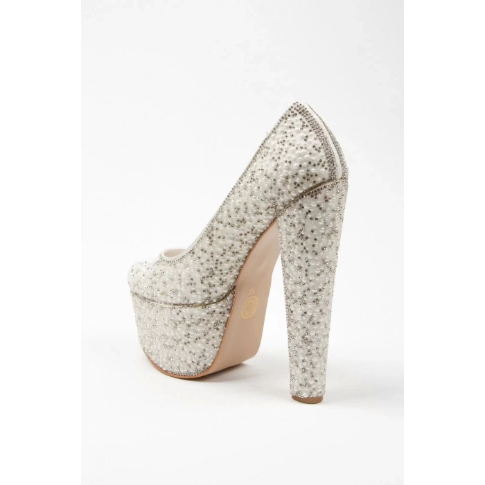 Kadın Moda Şık Gümüş Full Inci Zarif Tasarım Düğün Nişan Gece Abiye Ayakkabı