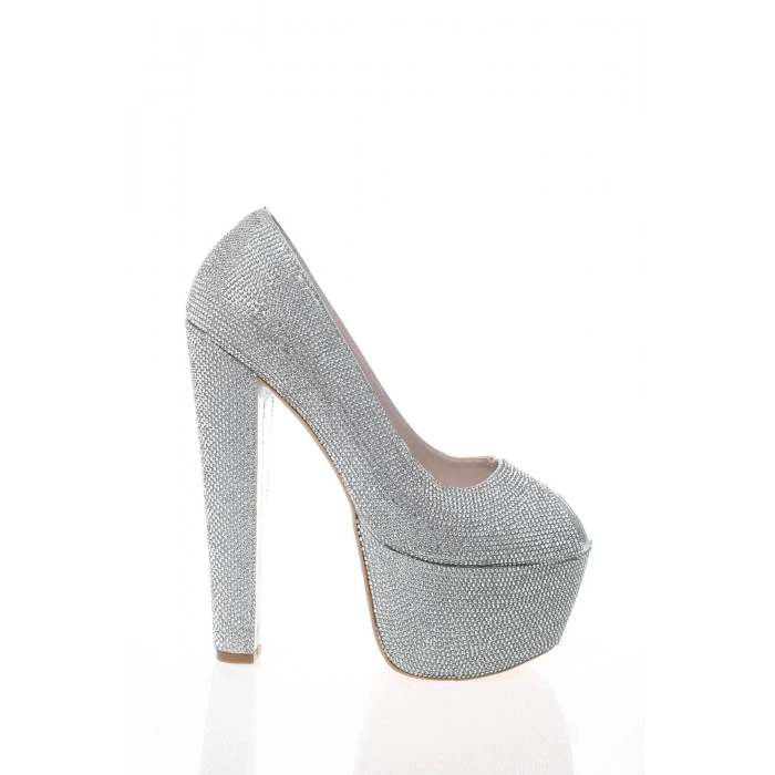 Kadın Moda Şık Gümüş Full Taş Yüksek Topuk Topuklu Düğün Nişan Gece Abiye Ayakkabı